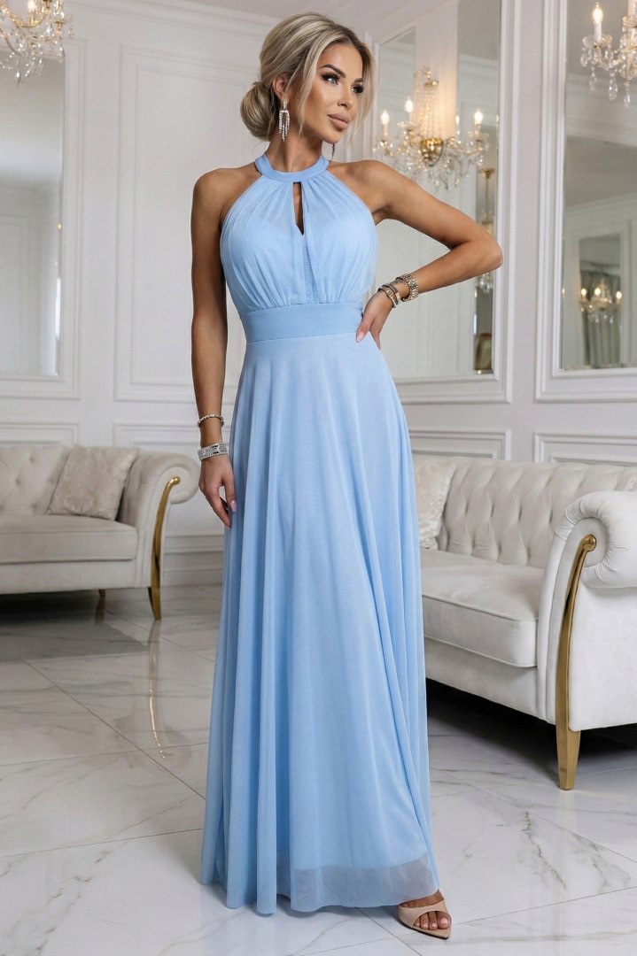 662-1 Elegancka sukienka wieczorowa maxi halter z tiulem i wiązaniem w talii - błękitna Numoco basic